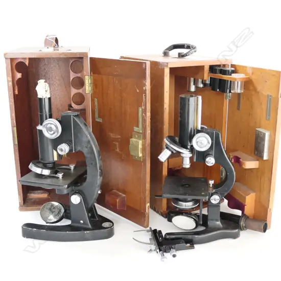 # TWO MICROSCOPES, AS-IS, ODD BOXES, PARTS MISSING
